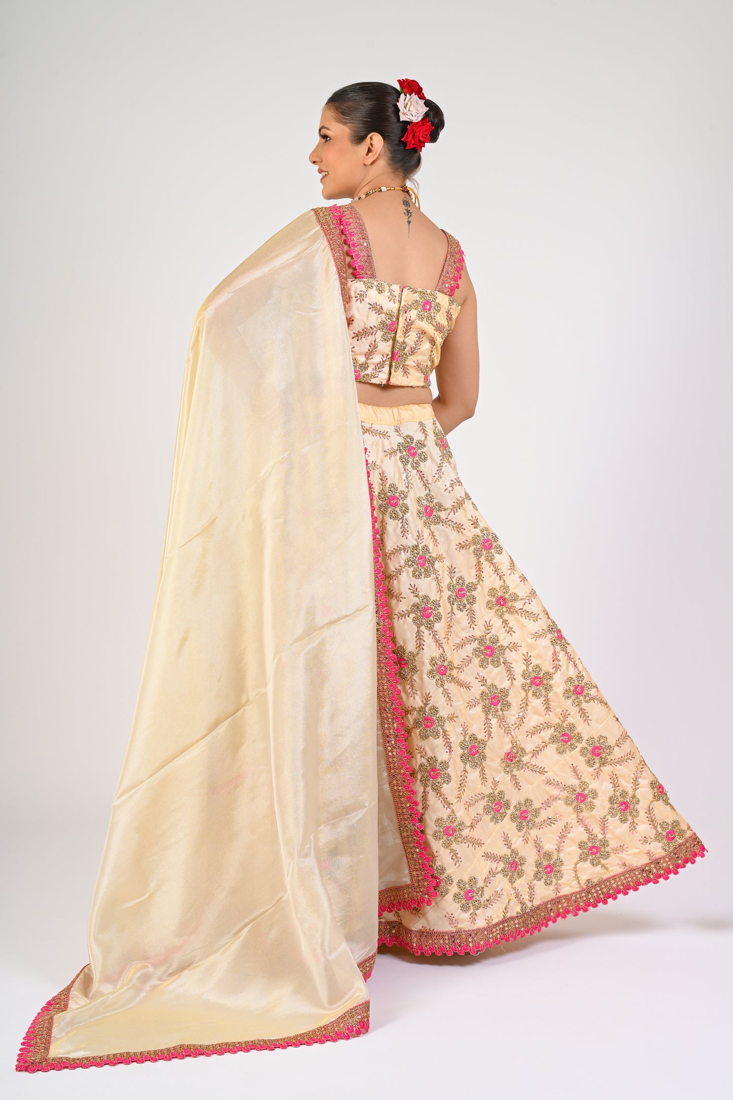 Ivory & Pink Floral Embroidered Lehenga Set