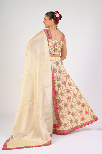 Ivory & Pink Floral Embroidered Lehenga Set
