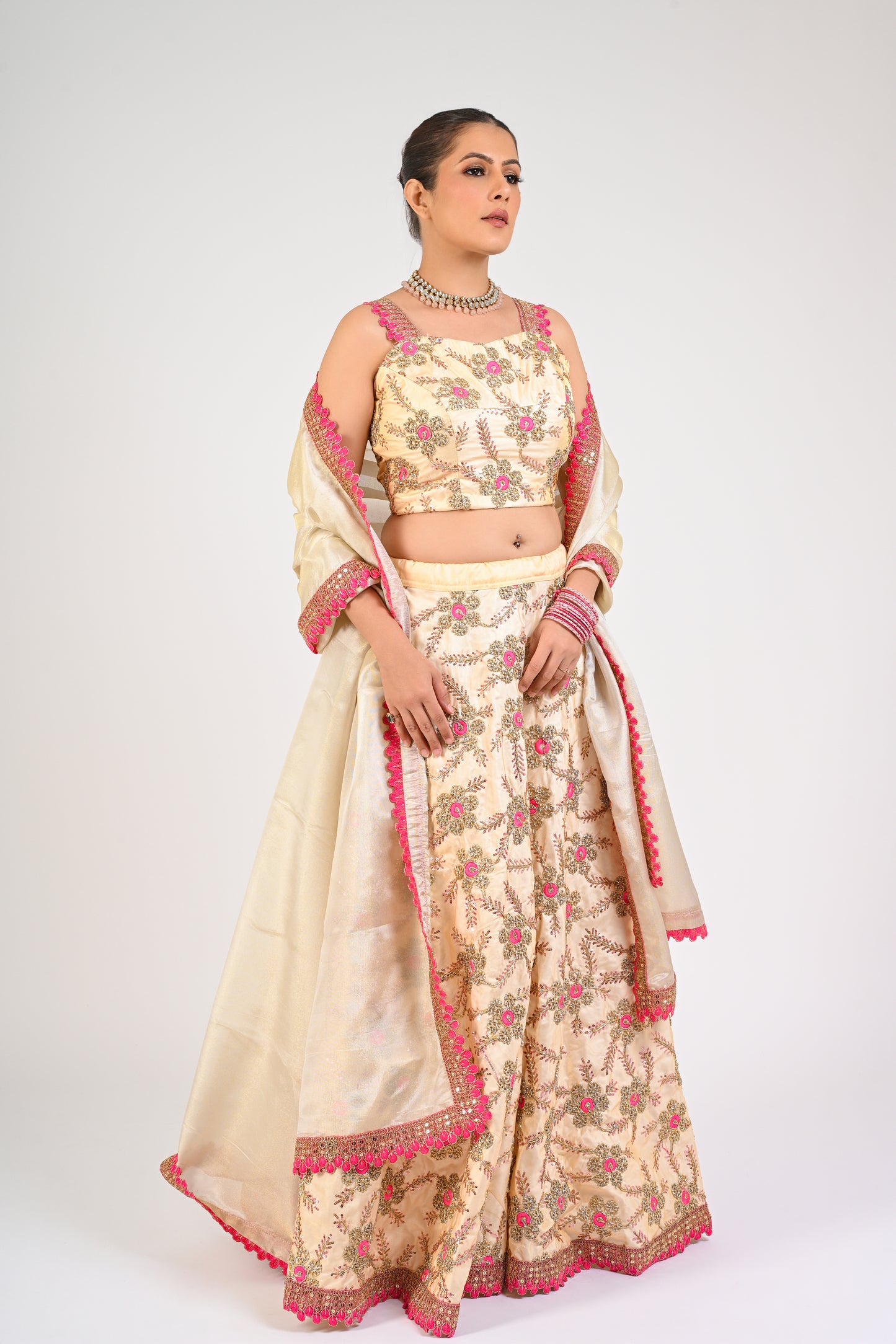 Ivory & Pink Floral Embroidered Lehenga Set