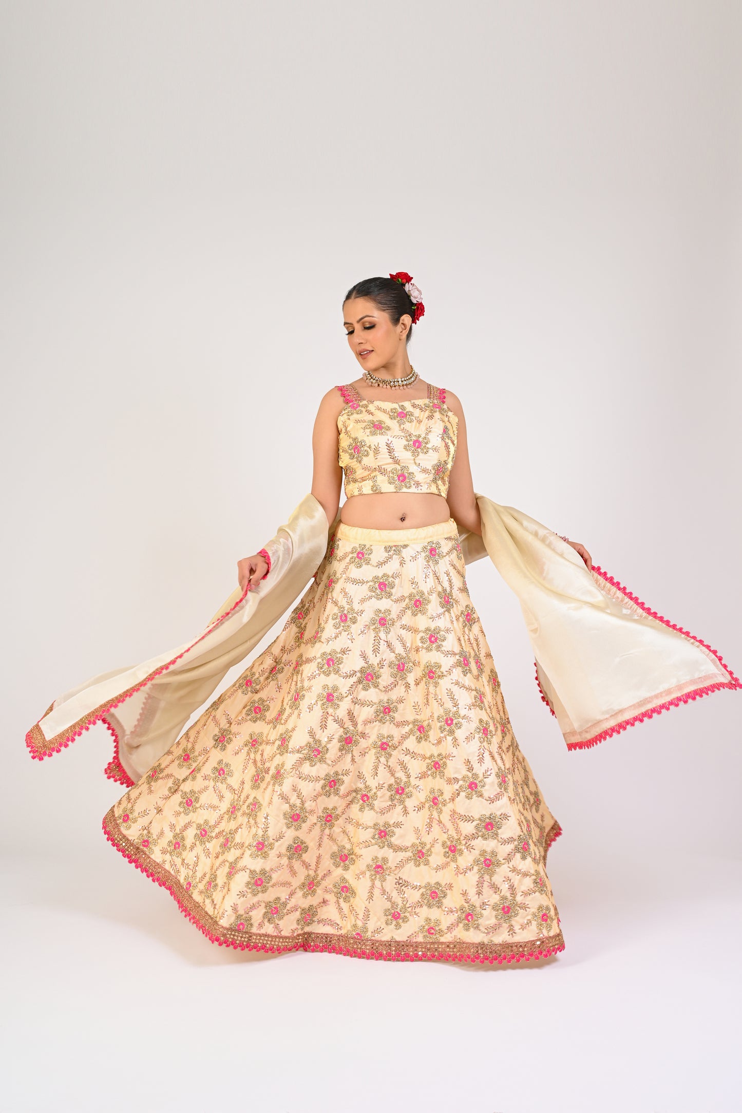 Ivory & Pink Floral Embroidered Lehenga Set
