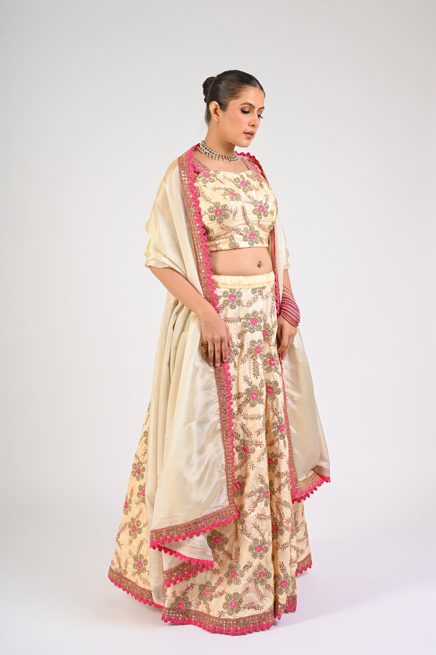 Ivory & Pink Floral Embroidered Lehenga Set