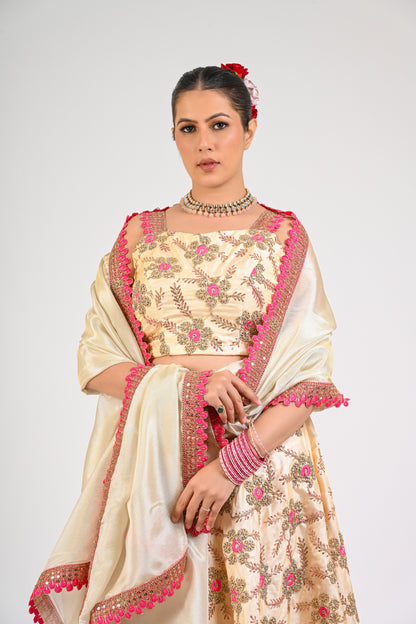 Ivory & Pink Floral Embroidered Lehenga Set